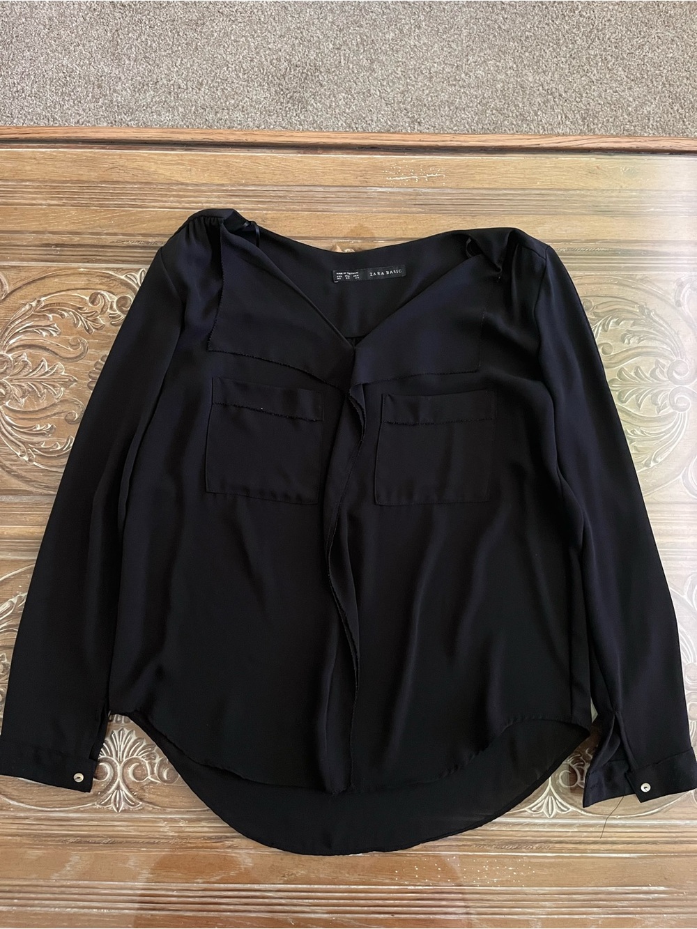 Zara Basic Black Long-Sleeve V-Neck Pocket Blouse